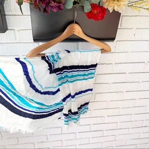 Big Multi-colored Blue & White Large Striped Scarf With Fringe Edges